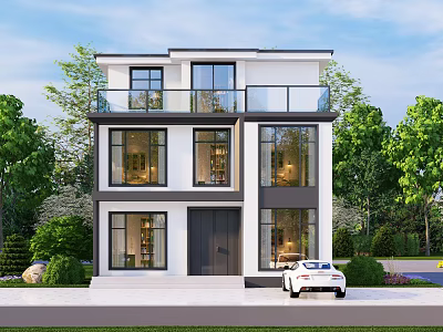 Modern Two Story Detached Villa Exterior With Large Windows Lush Green Trees And White Car 3d model