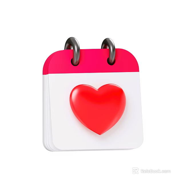 Decorative Ornament Set Featuring Calendar With Red Top Black Rings And Red Heart 3d model 