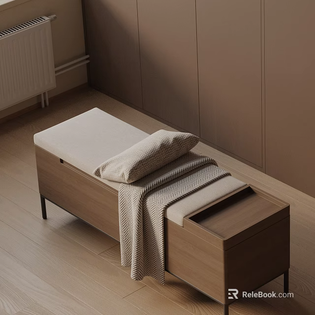 Minimalist Modern Wooden Storage Bench With Upholstered Seat Pillow And Drawer 3d model 