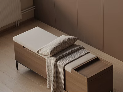 Minimalist Modern Wooden Storage Bench With Upholstered Seat Pillow And Drawer 3d model