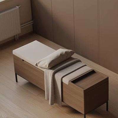 Minimalist Modern Wooden Storage Bench With Upholstered Seat Pillow And Drawer 3d model