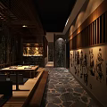 Japanese Style Restaurant Interior With Wooden Reception Counter And Red Decorative Tree
