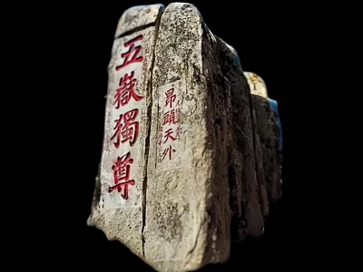 Traditional Landscape Sculpture With Stone Carving And Red Chinese Inscriptions 3d model