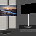 Two TVs with Black and White Stands One Displaying Scenic View and One Black Screen
