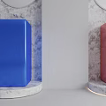 Modern Bathroom Vanity With Blue And Pink Cabinets Round Mirrors Marble Walls And Lighted Base
