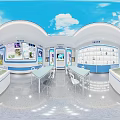 Modern Educational Classroom With Blue Walls White Shelves Sky Ceiling And Display Items