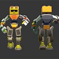 Lego Robot Characters With Yellow Heads And Orange Gray Bodies Front Back Views
