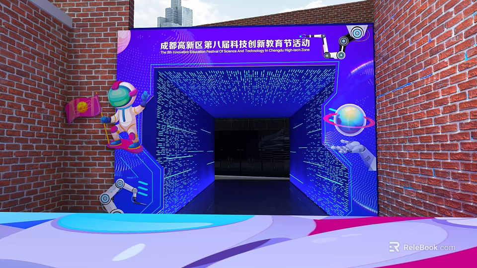 Office Corridor for Tech Sports Festival Featuring Cartoon Elements and Colorful Lighting 3d model 