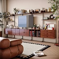 Wooden TV Stand with Storage Drawers and Decorative Plants Photo Frames in Living Room