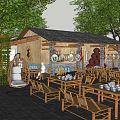 Courtyard Garden Featuring Bamboo Furniture Swing Chair Cottage Trees And Decorative Plates