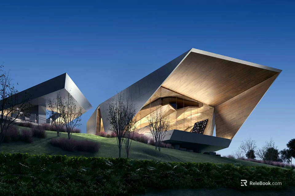 Modern Commercial Complex Featuring Unique Geometric Architecture on Hillside with Greenery and Illuminated Nights 3d model 