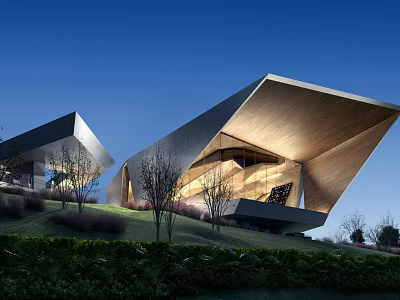 Modern Commercial Complex Featuring Unique Geometric Architecture on Hillside with Greenery and Illuminated Nights 3d model
