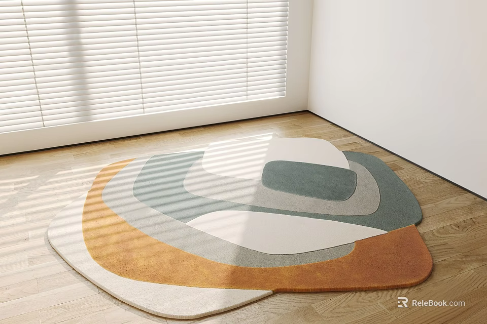 Elegant Modern Shaped Rug With Orange Gray White Layered Geometric Design On Wooden Floor 3d model 