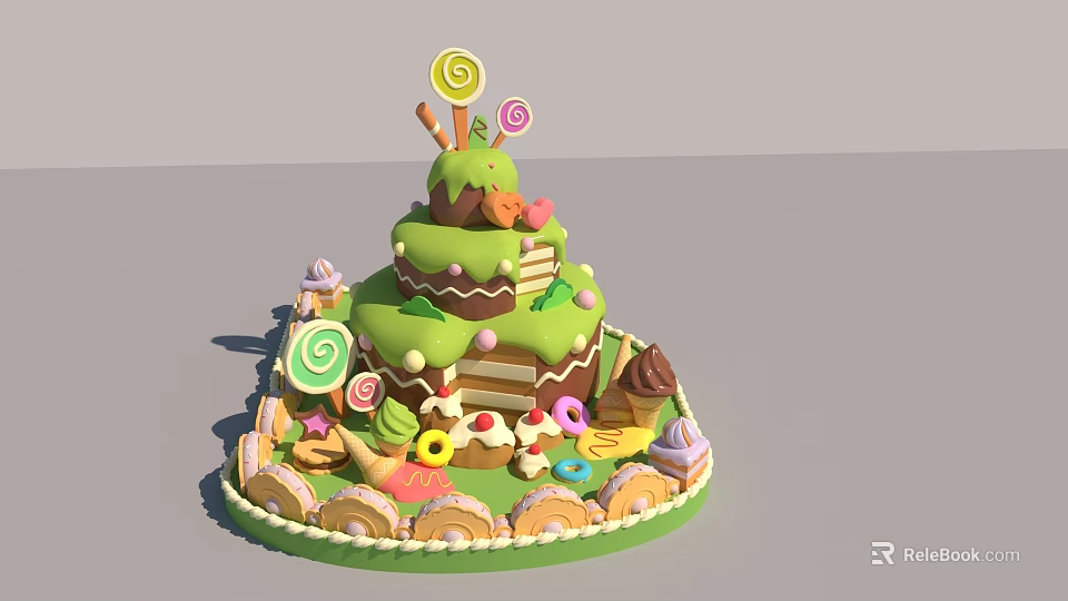 Green Multi Layer Cake With Lollipops Donuts Cookies And Colorful Candies 3d model 