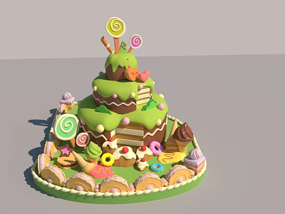 Green Multi Layer Cake With Lollipops Donuts Cookies And Colorful Candies 3d model