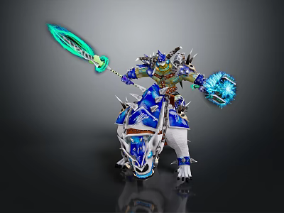 Armored Warrior Riding Blue And White Armored Creature With Glowing Weapon And Spikes 3d model