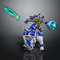 Armored Warrior Riding Blue And White Armored Creature With Glowing Weapon And Spikes