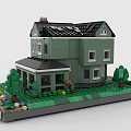 Building Blocks Green Two Story House With Black Roof Lawn Colorful Flowers and Tree