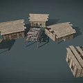 Traditional Wooden Building Models With Sloped Roofs And Open Frame Structures