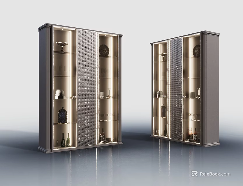 Modern Wine Cabinet With Glass Door And LED Lighting Showcasing Wine Bottles And Glasses 3d model 