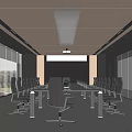 Modern Conference Room with Long Table Comfortable Chairs Wooden Ceiling and Large Windows View