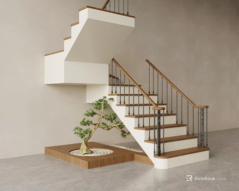 Modern Staircase With White Steps Brown Wooden Handrail Black Metal Railings And Bonsai Tree 3d model 