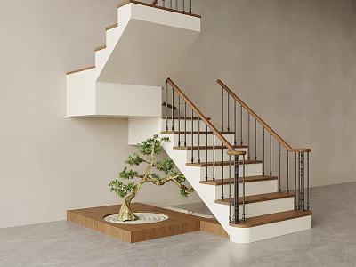 Modern Staircase With White Steps Brown Wooden Handrail Black Metal Railings And Bonsai Tree 3d model