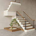 Modern Staircase With White Steps Brown Wooden Handrail Black Metal Railings And Bonsai Tree