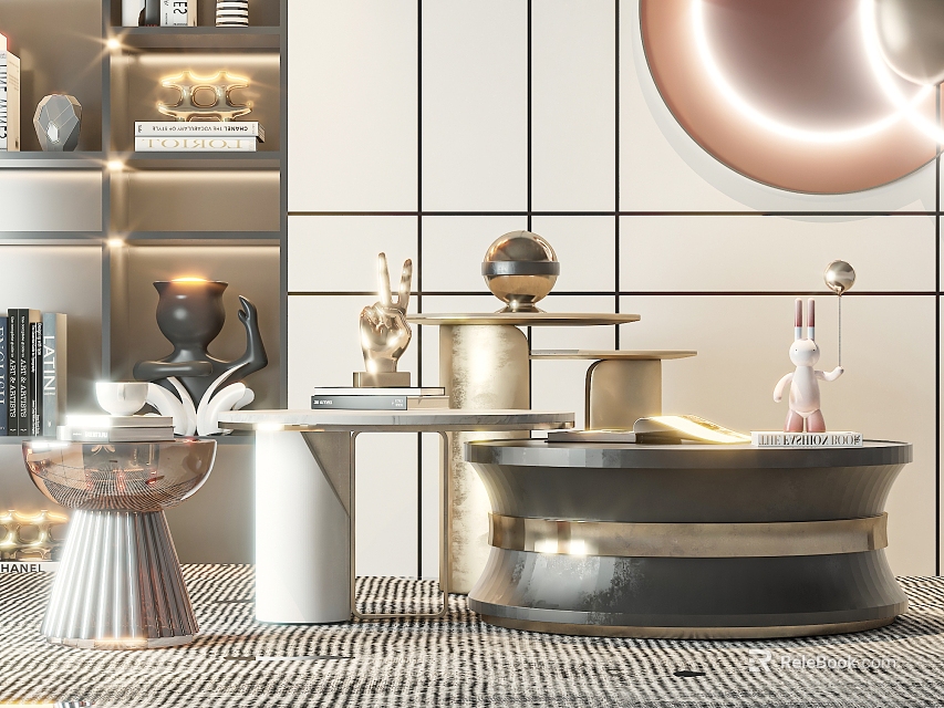 Modern Luxury Coffee Table With Marble Metal Top And Decorative Ornaments In Living Room 3d model 