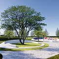 Modern Park Landscape Featuring Green Lawn Curved Bridge Pathway Trees Street Lamp And Blue Sky