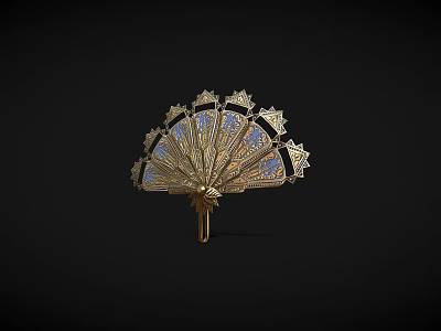Ornate Golden Vintage Fan With Blue Decorative Panels And Intricate Rib Patterns 3d model