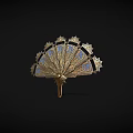 Ornate Golden Vintage Fan With Blue Decorative Panels And Intricate Rib Patterns