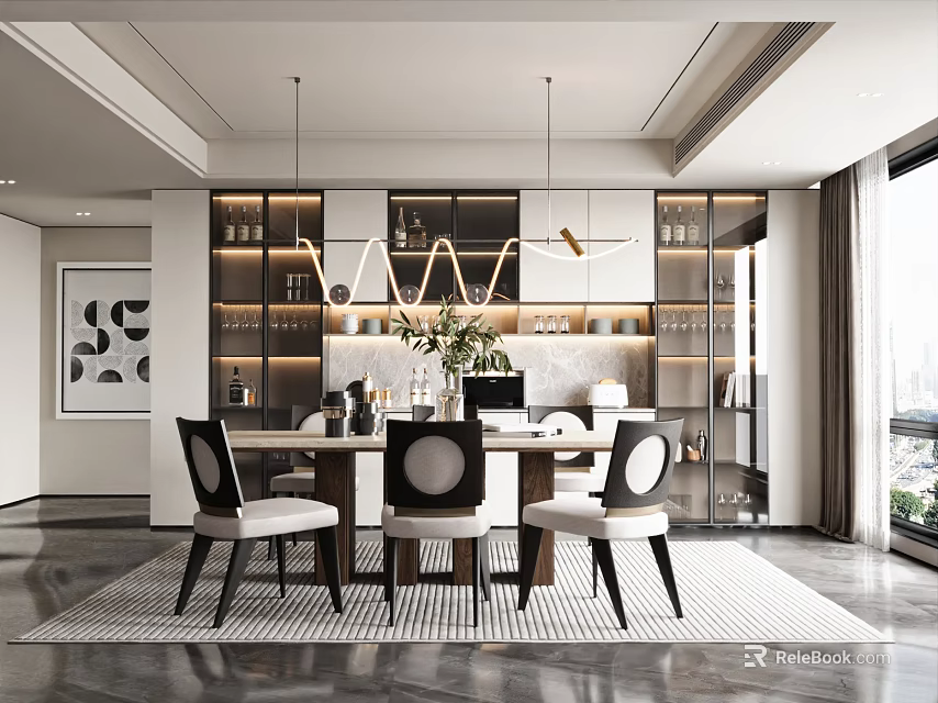 Elegant Modern Restaurant Interior Featuring Dining Table Chairs Hanging Lights And Wine Cabinet 3d model
