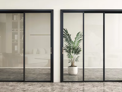 Modern Interior With Black Framed Glass Sliding Doors And Green Plant 3d model