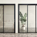 Modern Interior With Black Framed Glass Sliding Doors And Green Plant