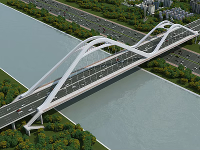 Modern Arch Bridge Spanning River With Busy Road And Greenery Surroundings 3d model