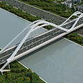 Modern Arch Bridge Spanning River With Busy Road And Greenery Surroundings