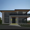 Modern Detached Villa Exterior With Large Glass Windows And Glass Railing Balcony