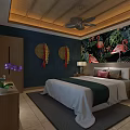 Hotel Guest Room Featuring Twin Beds Hanging Chandeliers Decorative Paintings Area Rug And Wall Decorations