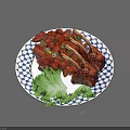 Savory Spare Ribs With Red Sauce On Blue And White Patterned Plate And Green Lettuce