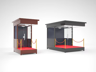 Modern Security Guard Booths Brown And Black With Red Carpet And Golden Railings 3d model