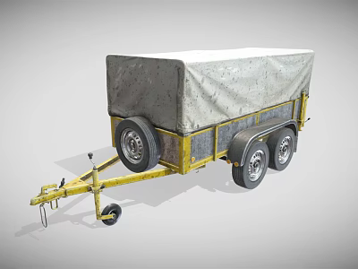 Yellow Frame Cargo Trailer With Gray Tarp Cover And Three Wheels 3d model