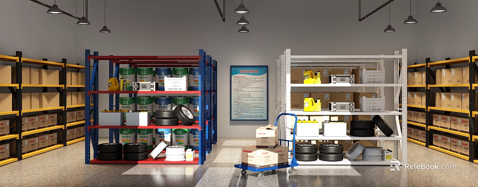 Organized Warehouse Storage Area With Metal Shelves Tires Boxes And Mobile Cart 3d model 