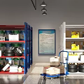 Organized Warehouse Storage Area With Metal Shelves Tires Boxes And Mobile Cart