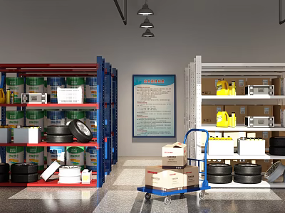 Organized Warehouse Storage Area With Metal Shelves Tires Boxes And Mobile Cart 3d model