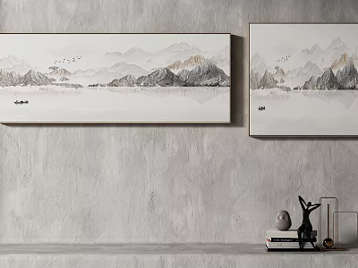 Two Traditional Chinese Landscape Paintings With Mountain River Boat And Flying Birds On Gray Wall 3d model