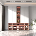 Modern Gray And Wooden Storage Cabinet With Open Shelves White Cups And Green Plant