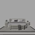 Modern White Double Bed With Sleek Headboard Gray White Pillows Striped Bedding And Checkered Blanket