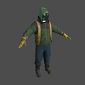Man Wearing Green Hooded Jacket Orange Reflective Vest Gas Mask Yellow Gloves and Blue Pants