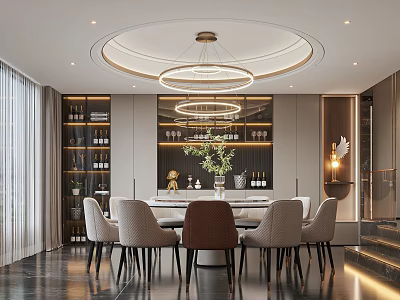 Elegant Modern Restaurant Interior With Round Chandelier Dining Table Chairs And Green Plant Decor 3d model